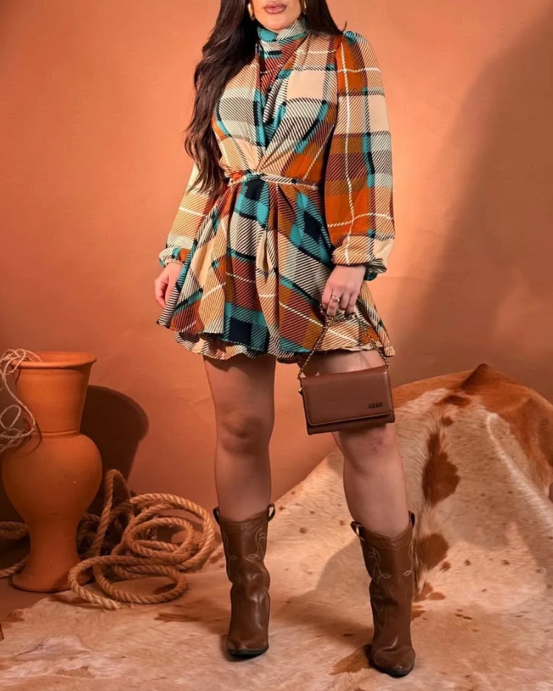 Colorblock Plaid Print Mock Neck Lantern Sleeve Ruched Party Dress Casual Cinched Waist Bakless Tied Detail A Line Dress