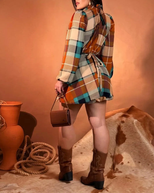 Colorblock Plaid Print Mock Neck Lantern Sleeve Ruched Party Dress Casual Cinched Waist Bakless Tied Detail A Line Dress