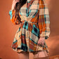 Colorblock Plaid Print Mock Neck Lantern Sleeve Ruched Party Dress Casual Cinched Waist Bakless Tied Detail A Line Dress