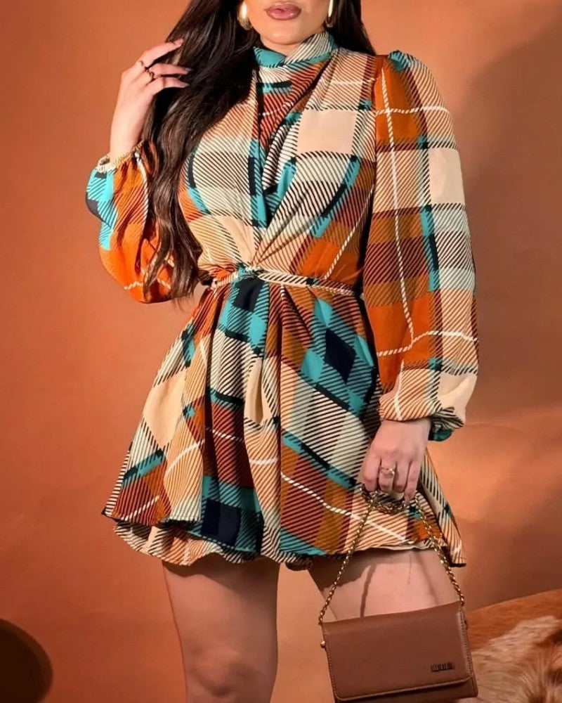 Colorblock Plaid Print Mock Neck Lantern Sleeve Ruched Party Dress Casual Cinched Waist Bakless Tied Detail A Line Dress