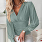 V Neck Eyelet Hollow out Ruched Lantern Sleeve Tee Casual Top