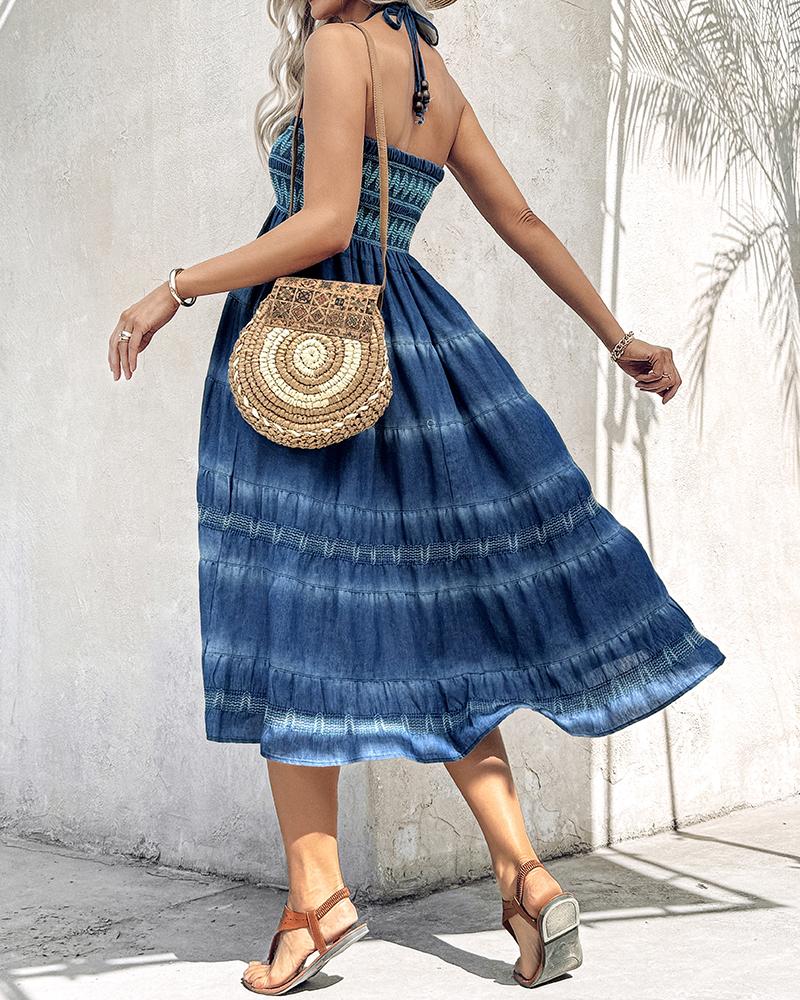 Two Way Wear Tie Dye Tropical Print Halter Sleeveless Dress High Waist Shirred Vacation Skirt