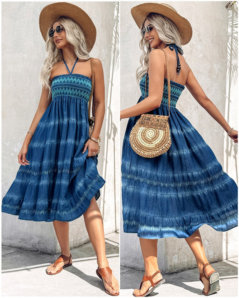 Two Way Wear Tie Dye Tropical Print Halter Sleeveless Dress High Waist Shirred Vacation Skirt