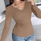 Notch Neck Built in Bra Ruched Waist Rib knit Top