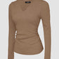 Notch Neck Built in Bra Ruched Waist Rib knit Top