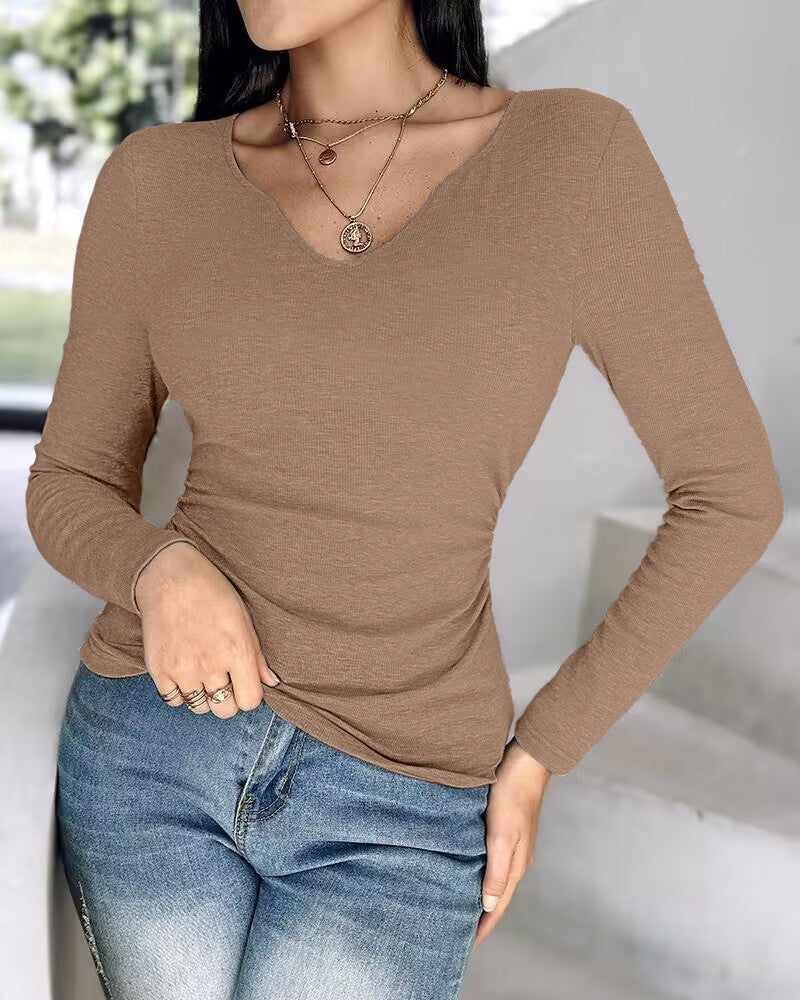 Notch Neck Built in Bra Ruched Waist Rib knit Top