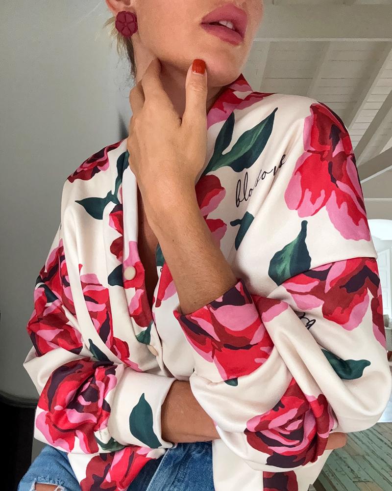 Floral Print Plunge V Neck Batwing Sleeve Blouse Casual Loose Fit Cardigan Top