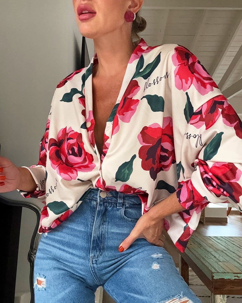 Floral Print Plunge V Neck Batwing Sleeve Blouse Casual Loose Fit Cardigan Top