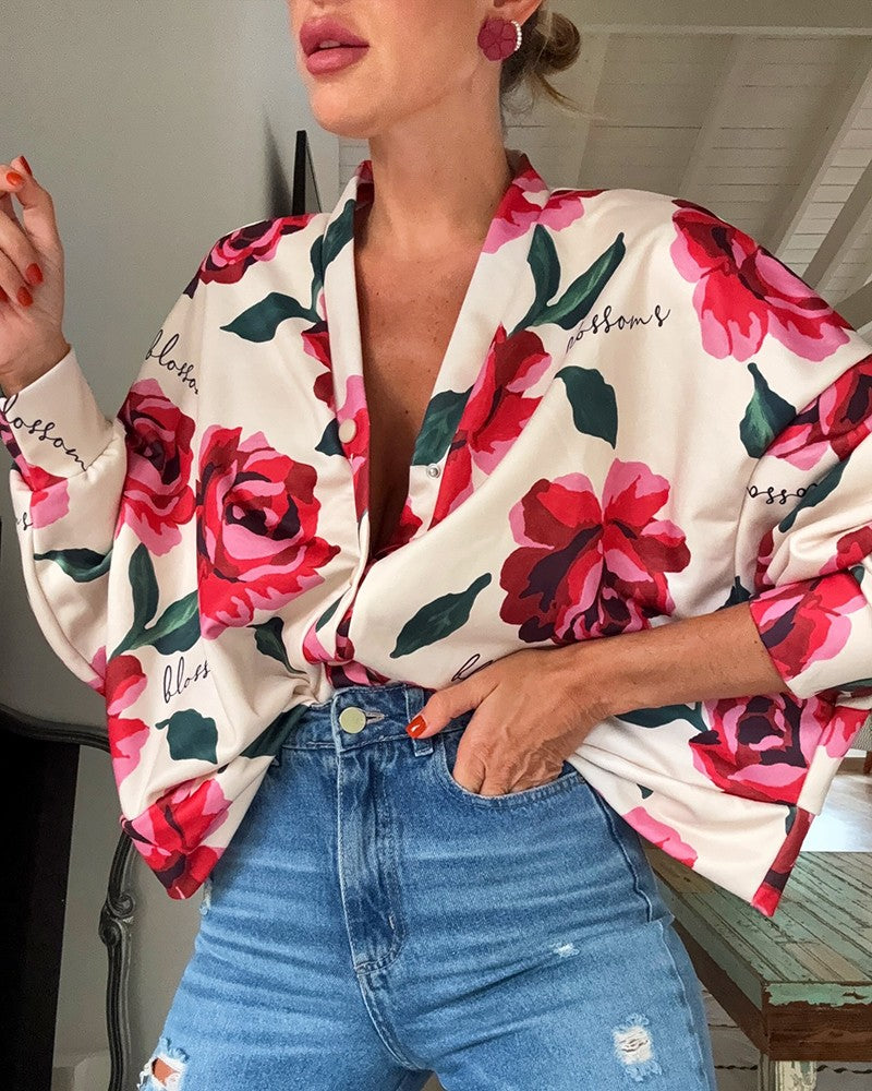 Floral Print Plunge V Neck Batwing Sleeve Blouse Casual Loose Fit Cardigan Top