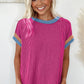 Bright Pink Textured Contrast Trim Round Neck T Shirt