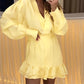 Plunge V Neck Long Sleeve Waist Mini Dress Casual Asymmetrical Ruffles Hem A Line Dress