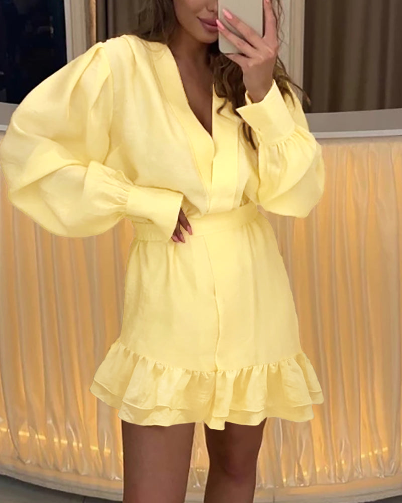 Plunge V Neck Long Sleeve Waist Mini Dress Casual Asymmetrical Ruffles Hem A Line Dress