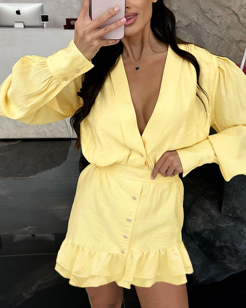 Plunge V Neck Long Sleeve Waist Mini Dress Casual Asymmetrical Ruffles Hem A Line Dress