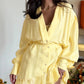 Plunge V Neck Long Sleeve Waist Mini Dress Casual Asymmetrical Ruffles Hem A Line Dress