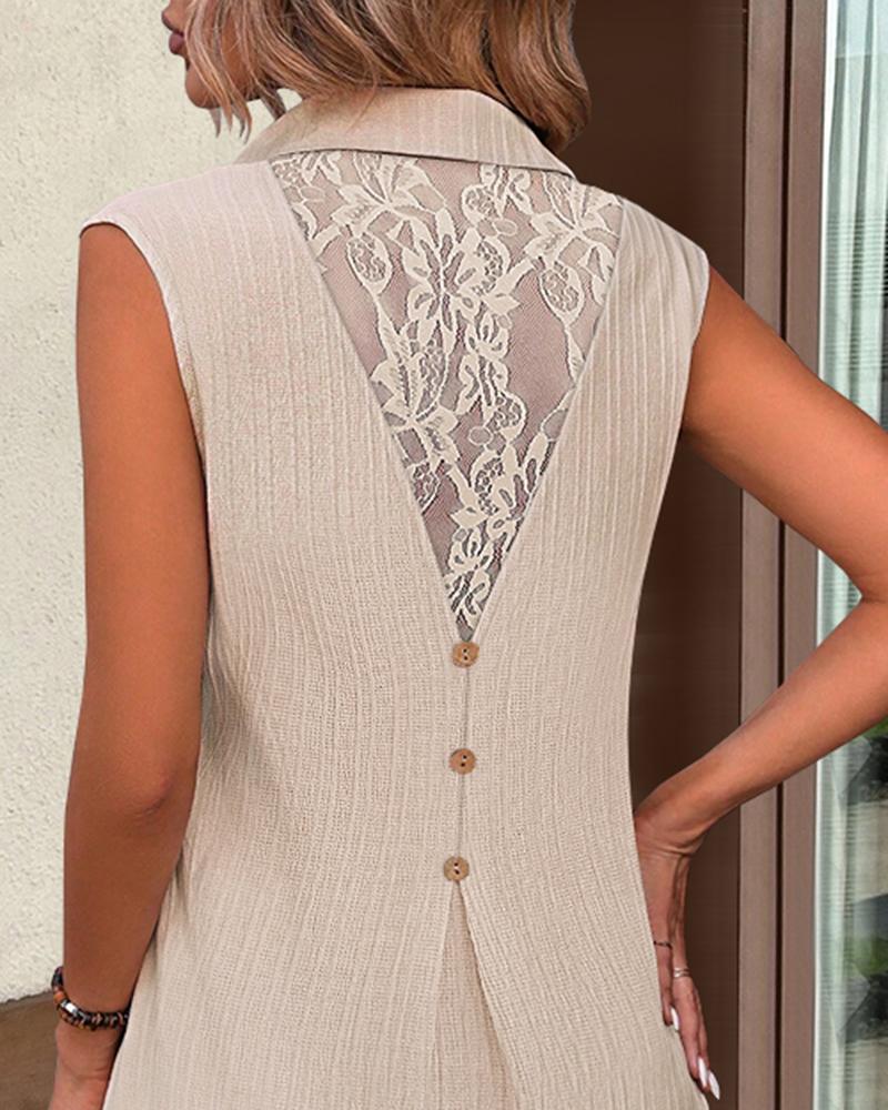 Buttoned Contrast Lace Textured Casual Shirt Dress
