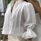 Turn down Collar Puff Sleeve Loose Blouse Casual Pleated Linen Crop Top