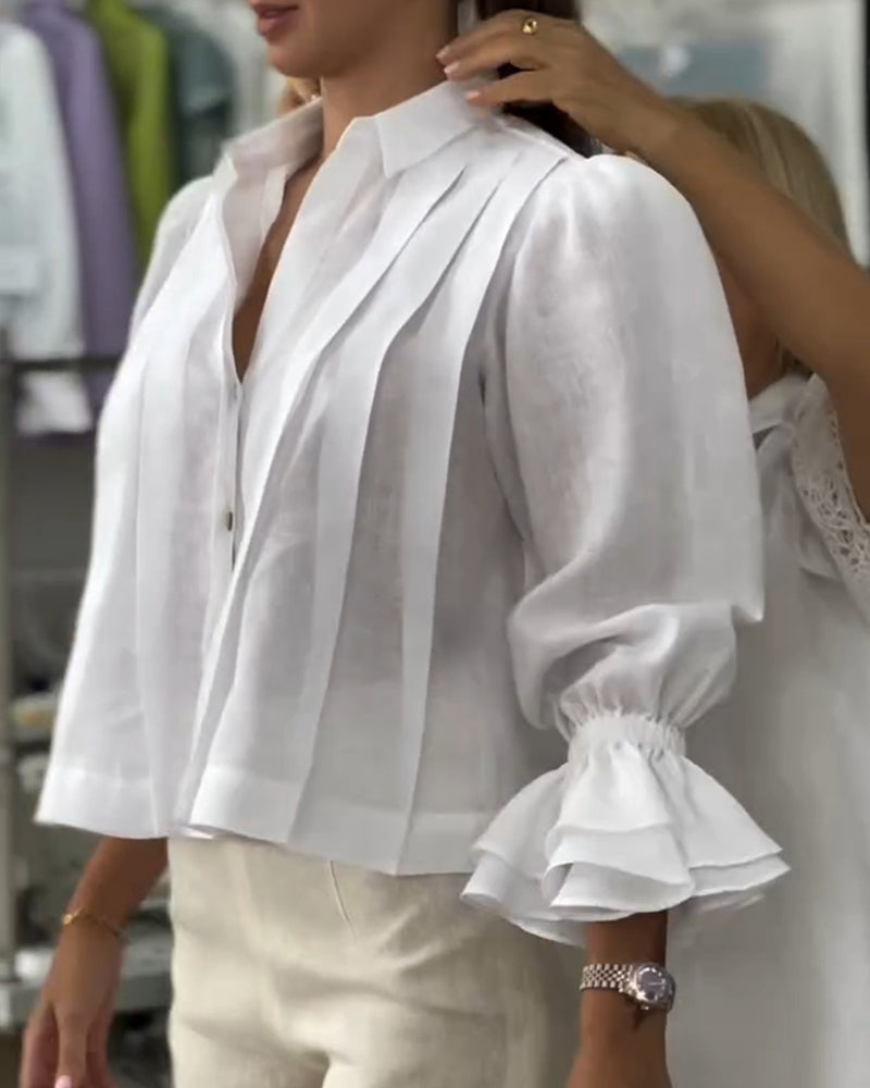 Turn down Collar Puff Sleeve Loose Blouse Casual Pleated Linen Crop Top