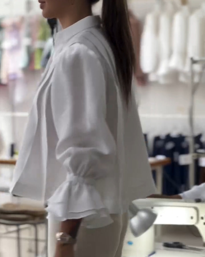 Turn down Collar Puff Sleeve Loose Blouse Casual Pleated Linen Crop Top