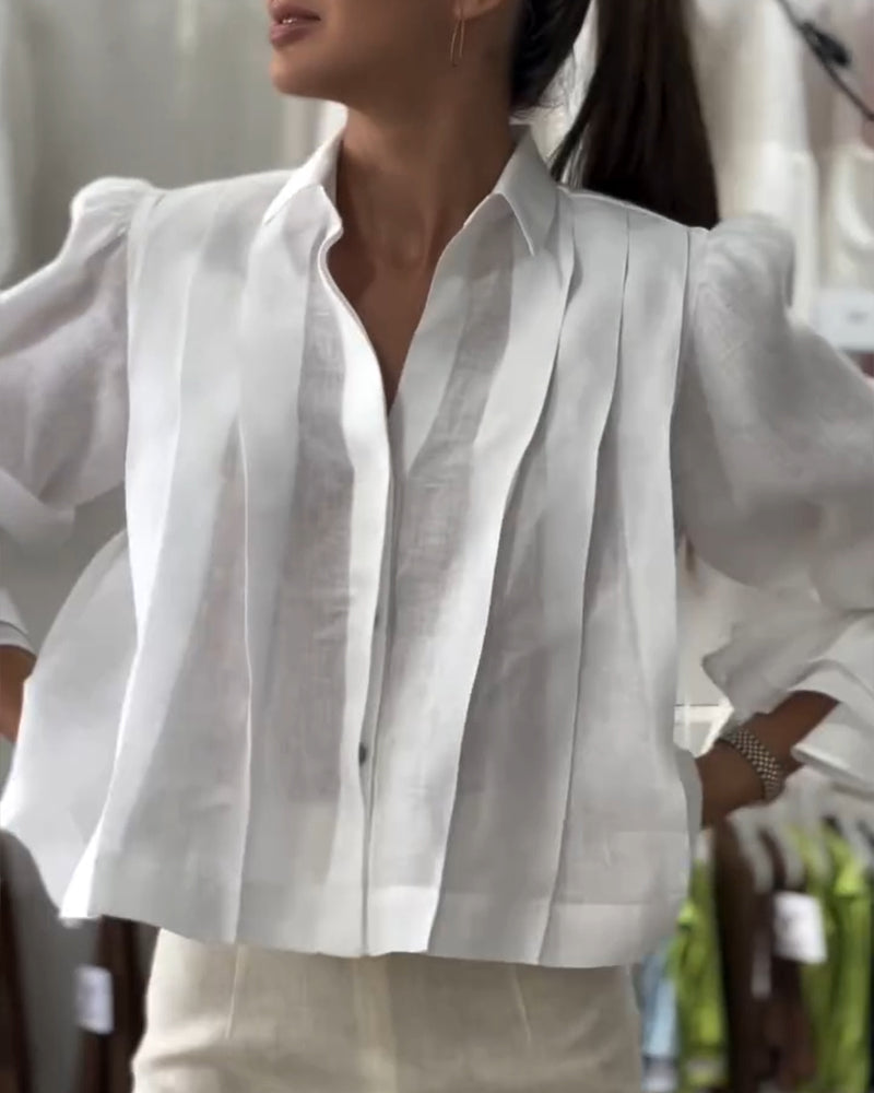 Turn down Collar Puff Sleeve Loose Blouse Casual Pleated Linen Crop Top