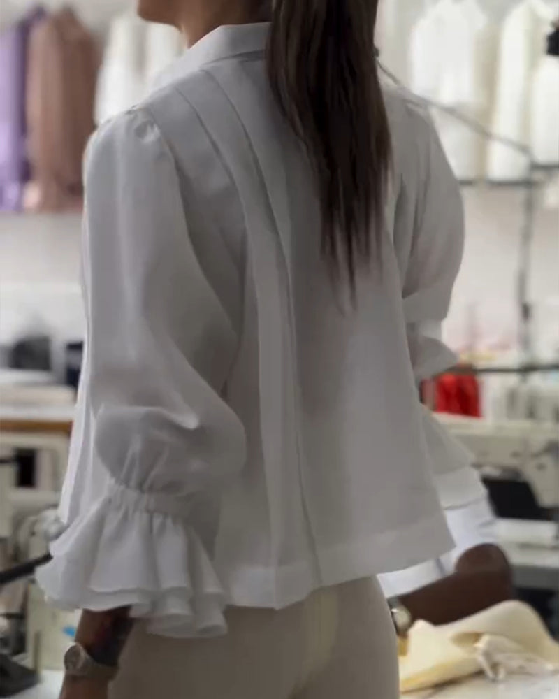 Turn down Collar Puff Sleeve Loose Blouse Casual Pleated Linen Crop Top