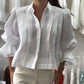 Turn down Collar Puff Sleeve Loose Blouse Casual Pleated Linen Crop Top