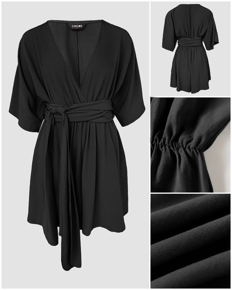 V Neck Half Sleeve Tied Detail Romper
