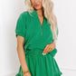 Sea Green Half Zip Puff Sleeve Top and Ruffled Shorts Set