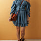 Real Teal Frilled Neckline 3/4 Sleeve Layered Ruched Mini Dress