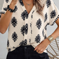 Black Geometric Print Short Sleeve V Neck Blouse