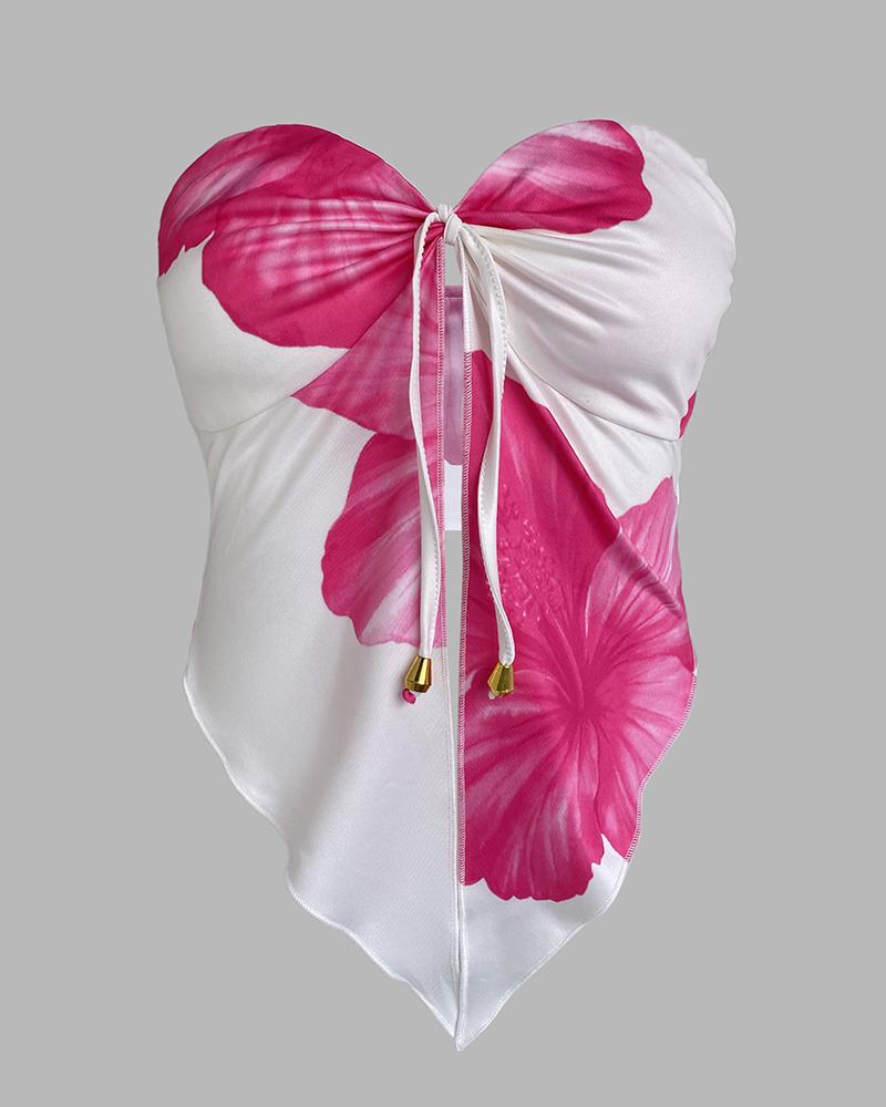 Floral Print Strapless Tied Top /w Ruched Mini Skirt Set Two Piece Outfit