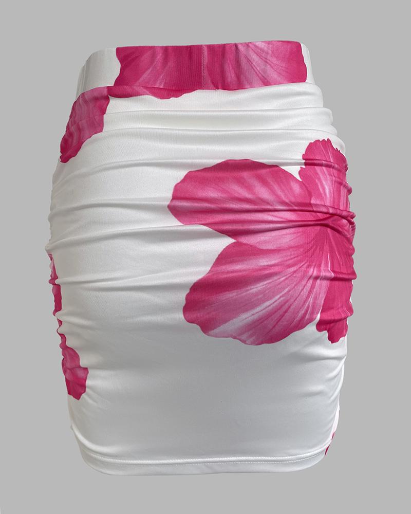 Floral Print Strapless Tied Top /w Ruched Mini Skirt Set Two Piece Outfit