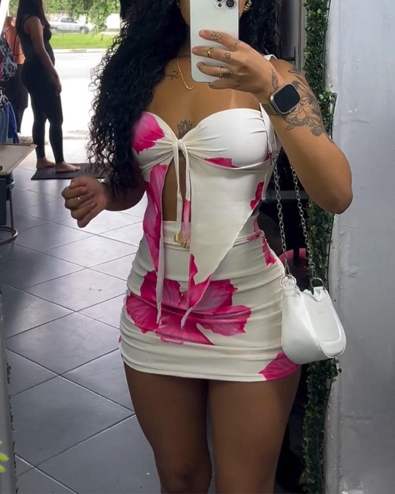 Floral Print Strapless Tied Top /w Ruched Mini Skirt Set Two Piece Outfit