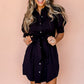 Black Button Up Tie Waist Puff Sleeve Mini Dress