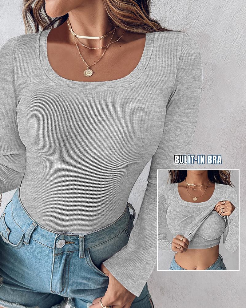 U Neck Long Sleeve Built In Bra Shirt Casual Seamless Slim Fit Top