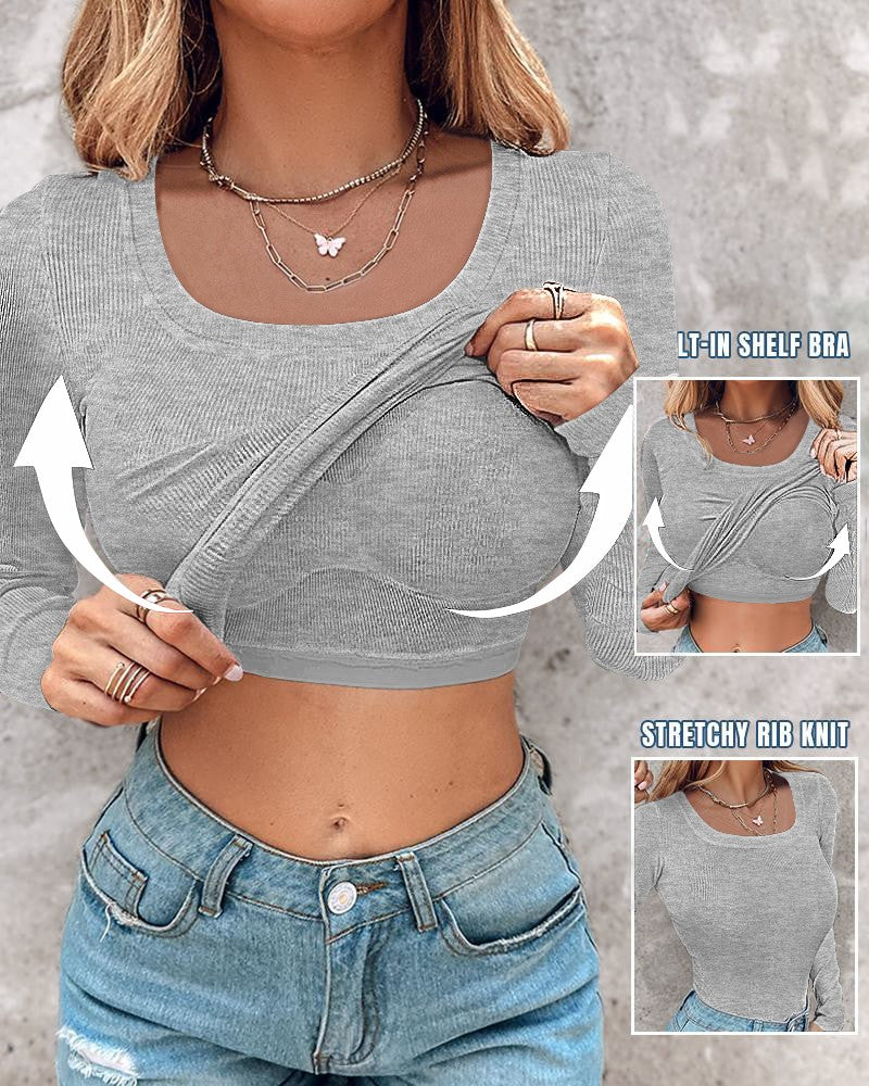 U Neck Long Sleeve Built In Bra Shirt Casual Seamless Slim Fit Top