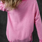 Pink Striped Scallop V Neck Loose Sweater with Slits