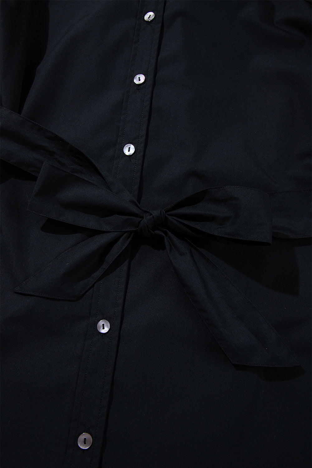 Black Button Up Tie Waist Puff Sleeve Mini Dress