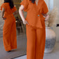 2 Pieces Outfit Overlap V Neck Bell Sleeve Single Button Front Asymmetrical Hem Top and Casual Wide Leg Pants Set