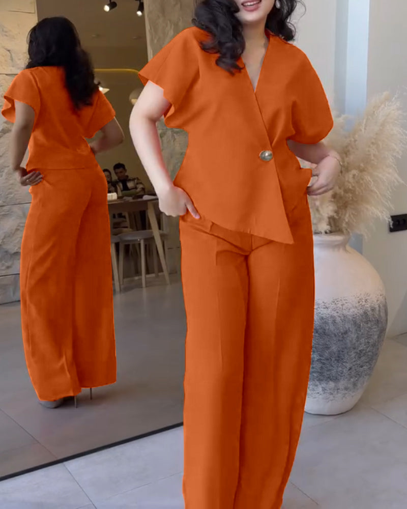 2 Pieces Outfit Overlap V Neck Bell Sleeve Single Button Front Asymmetrical Hem Top and Casual Wide Leg Pants Set