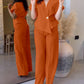 2 Pieces Outfit Overlap V Neck Bell Sleeve Single Button Front Asymmetrical Hem Top and Casual Wide Leg Pants Set