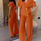 2 Pieces Outfit Overlap V Neck Bell Sleeve Single Button Front Asymmetrical Hem Top and Casual Wide Leg Pants Set