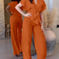 2 Pieces Outfit Overlap V Neck Bell Sleeve Single Button Front Asymmetrical Hem Top and Casual Wide Leg Pants Set