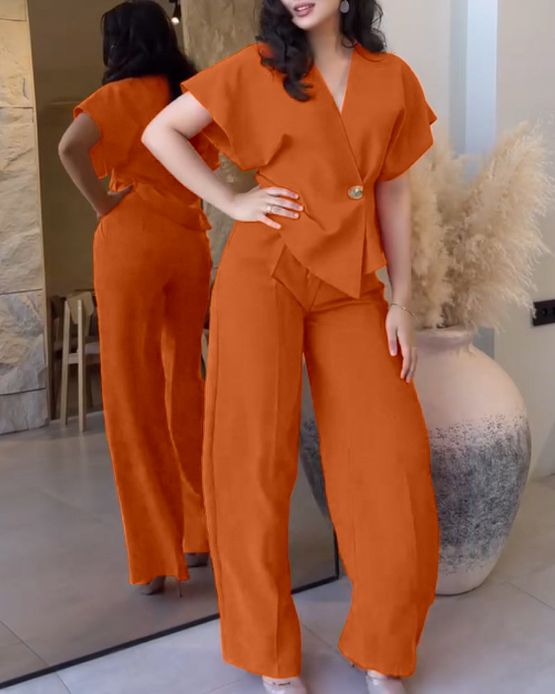 2 Pieces Outfit Overlap V Neck Bell Sleeve Single Button Front Asymmetrical Hem Top and Casual Wide Leg Pants Set
