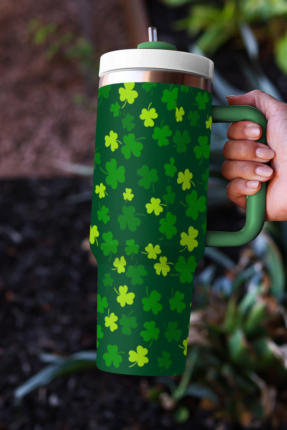 Dark Green St. Patricks Shamrock Print Handle Vacuum Cup 1200ml