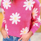 Bright Pink Daisy Flower Crew Neck Long Sleeve Sweater