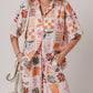 Orange Plant Checkered Print Collared Shirt and Wide Leg Pants Set