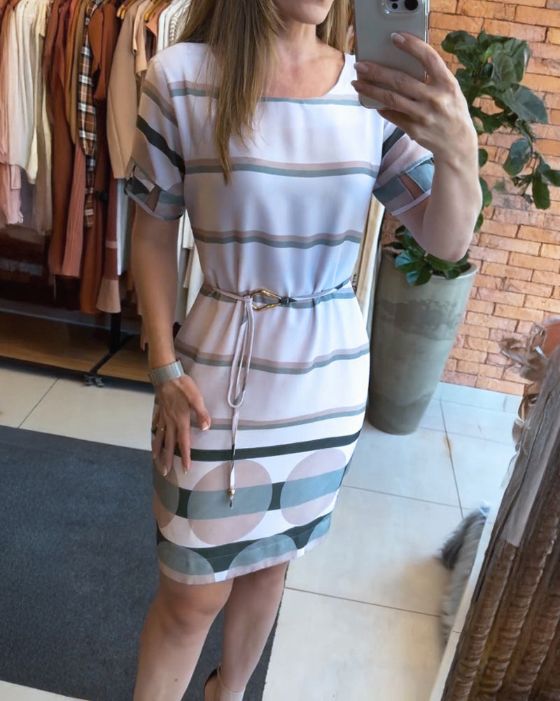 Striped & Polka Dot Print Square Neck Decorative Hollow out Cuffs Casual A Line Dress With Belt