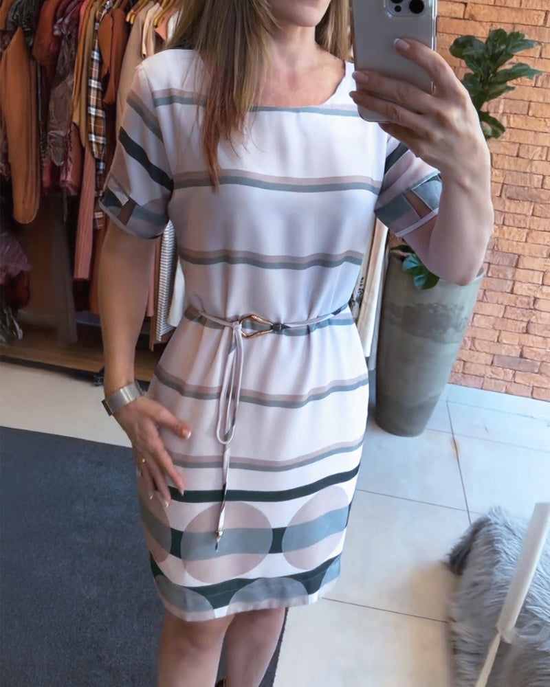 Striped & Polka Dot Print Square Neck Decorative Hollow out Cuffs Casual A Line Dress With Belt