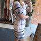Striped & Polka Dot Print Square Neck Decorative Hollow out Cuffs Casual A Line Dress With Belt