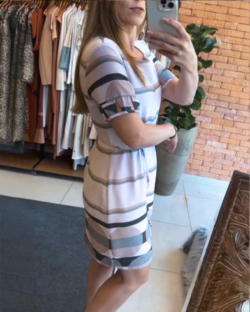 Striped & Polka Dot Print Square Neck Decorative Hollow out Cuffs Casual A Line Dress With Belt